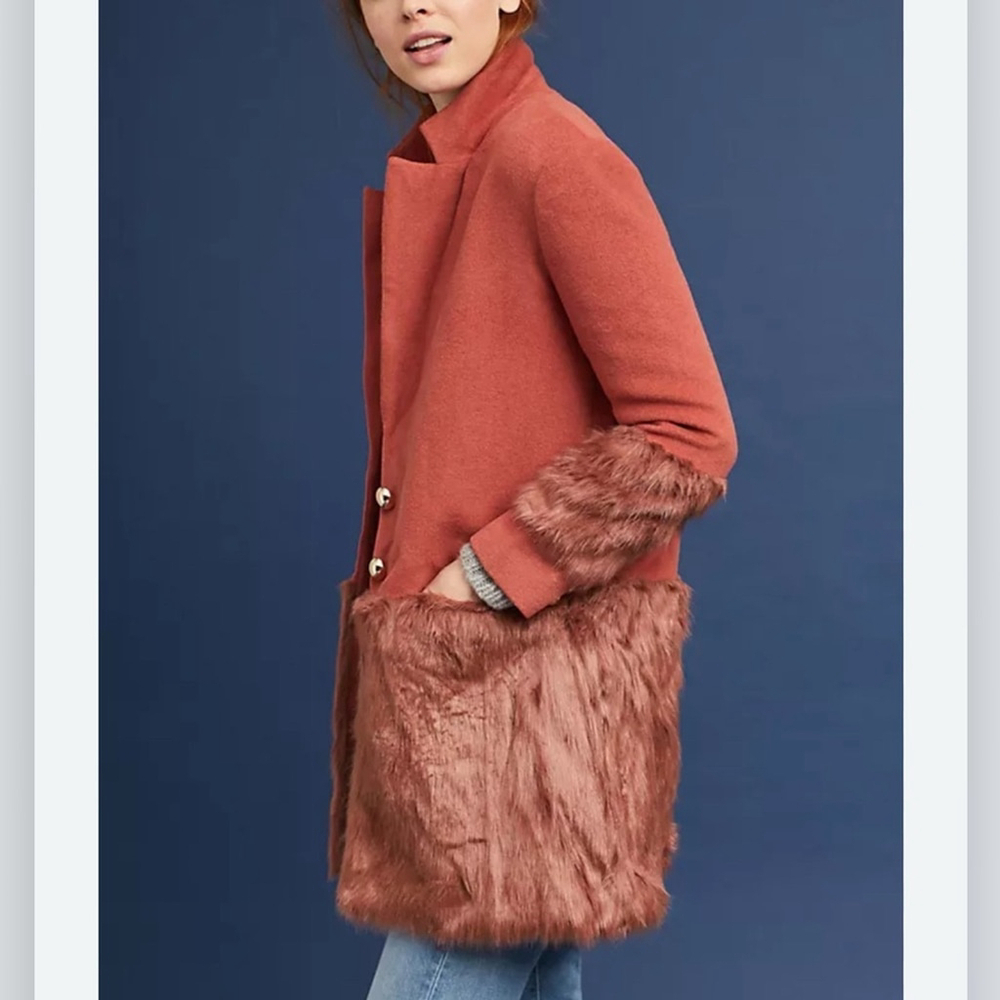 Anthropologie Keepsake Faux Fur Trim Tailored Peacoat Coat - Picture 5 of 7